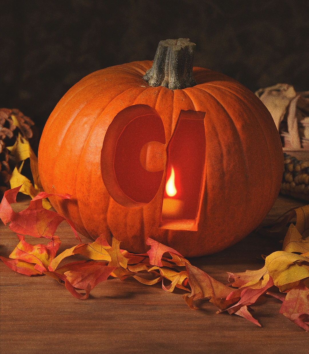 Citrouille à l'effigie de QuipoQuiz dans un décor d'Halloween.