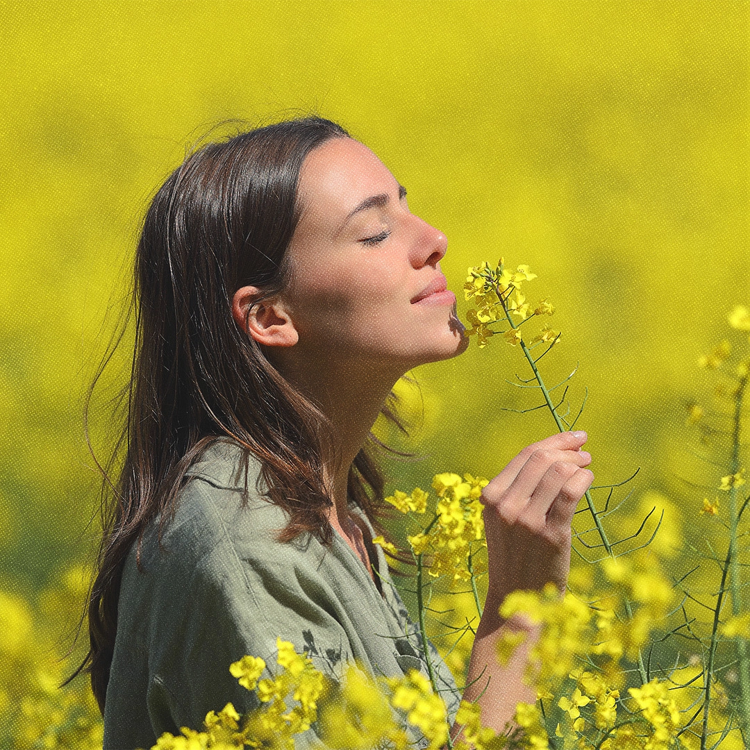 Woman smelling yellow flowers in a field.