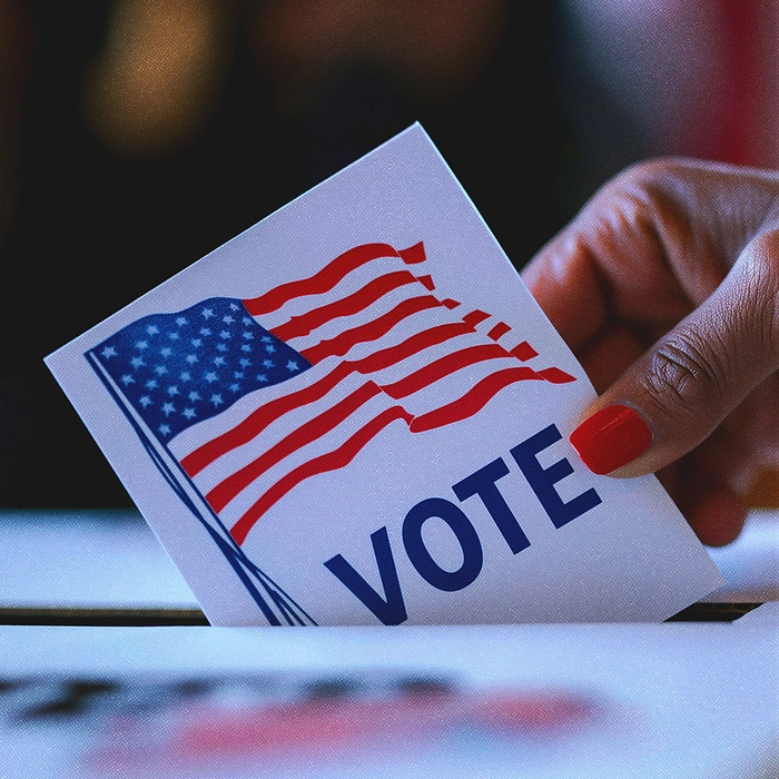 Une main tenant un bulletin de vote avec le drapeau américain et le mot « VOTE ».