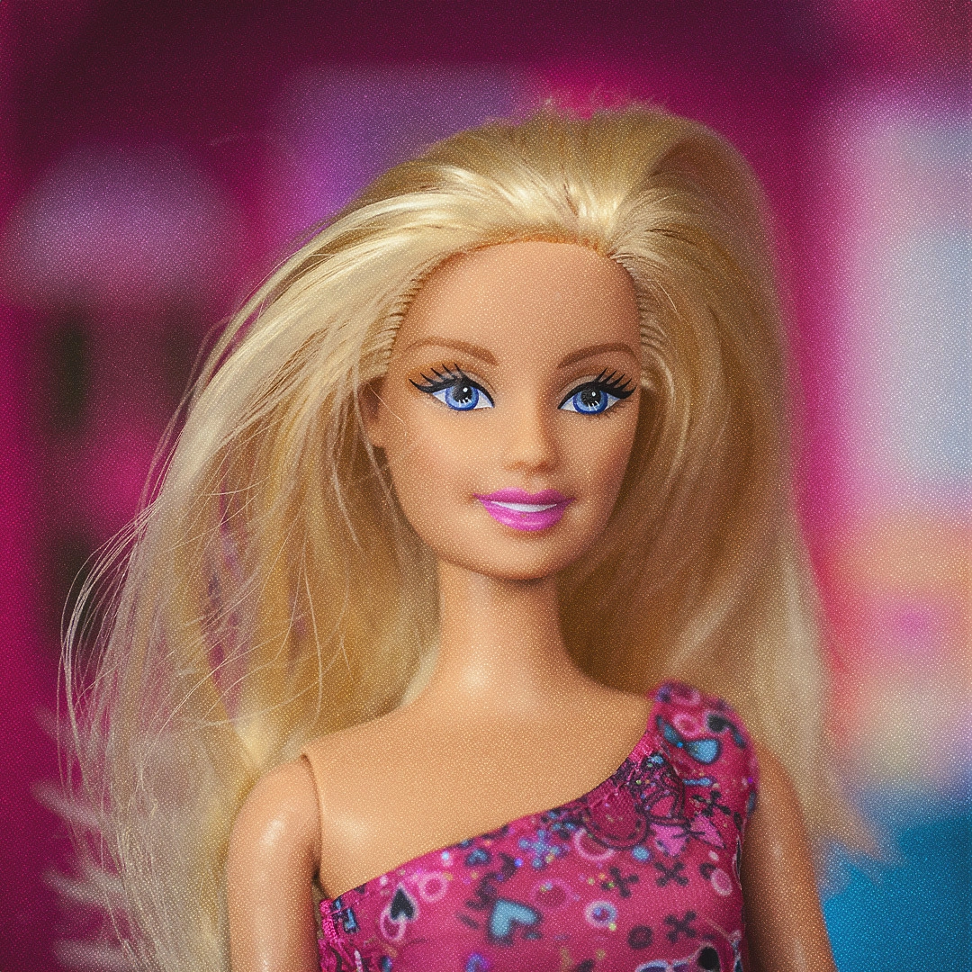 Barbie blonde, portant une robe rose.